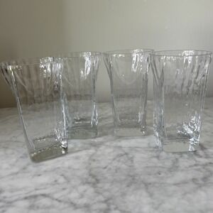 Set of 4 Clear Textured Glass Tumblers Wavy Rim Square Base 5" Drinking Glasses